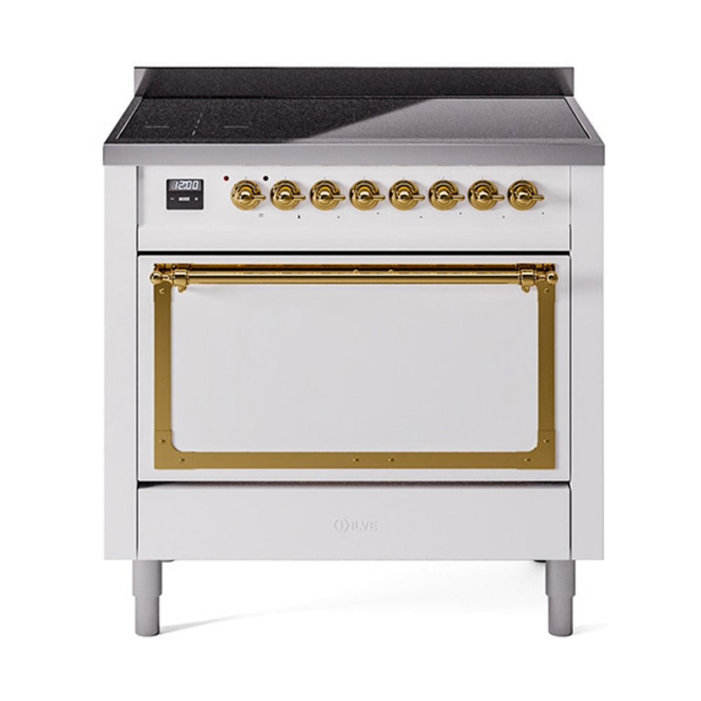 ILVE Nostalgie II Noblesse 36-Inch Induction Range, Solid Door Oven, White with Brass Trim (UNI366QNMPWHG)