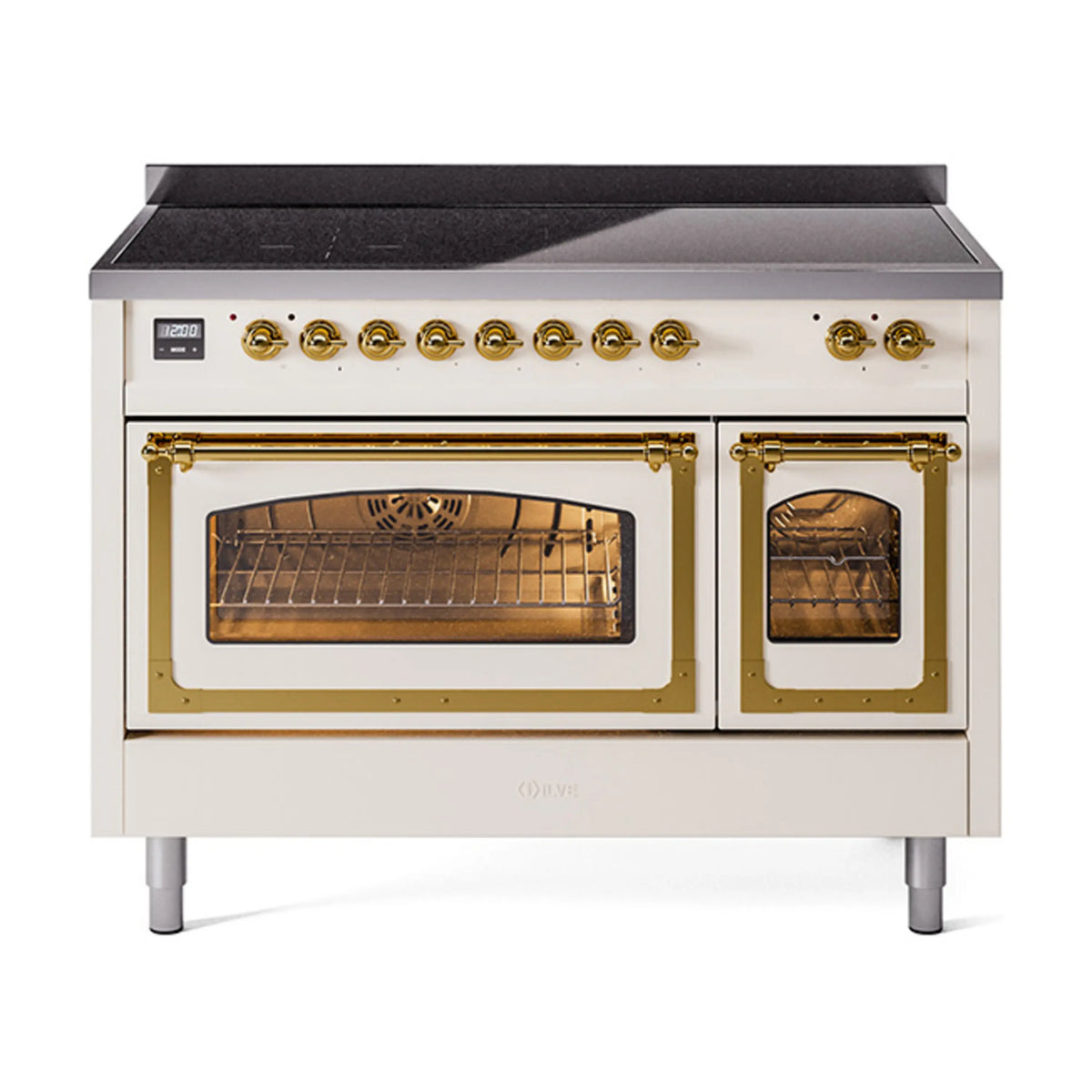 ILVE Nostalgie II Noblesse 48-Inch Induction Range, Triple Glass Door, Antique White with Brass Trim (UNI486NMPAWG)