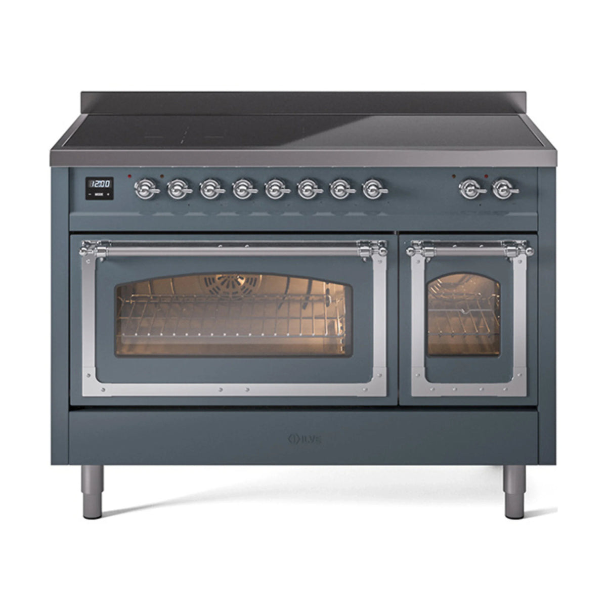 ILVE Nostalgie II Noblesse 48-Inch Induction Range, Triple Glass Door, Blue Grey with Chrome Trim (UNI486NMPBGC)