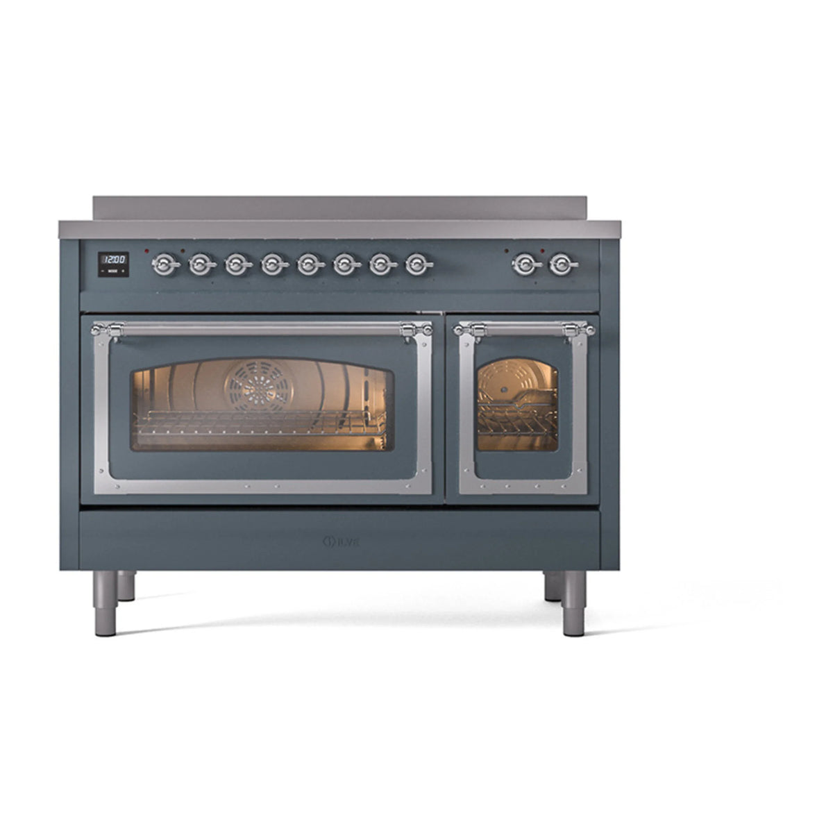 ILVE Nostalgie II Noblesse 48-Inch Induction Range, Triple Glass Door, Blue Grey with Chrome Trim (UNI486NMPBGC)