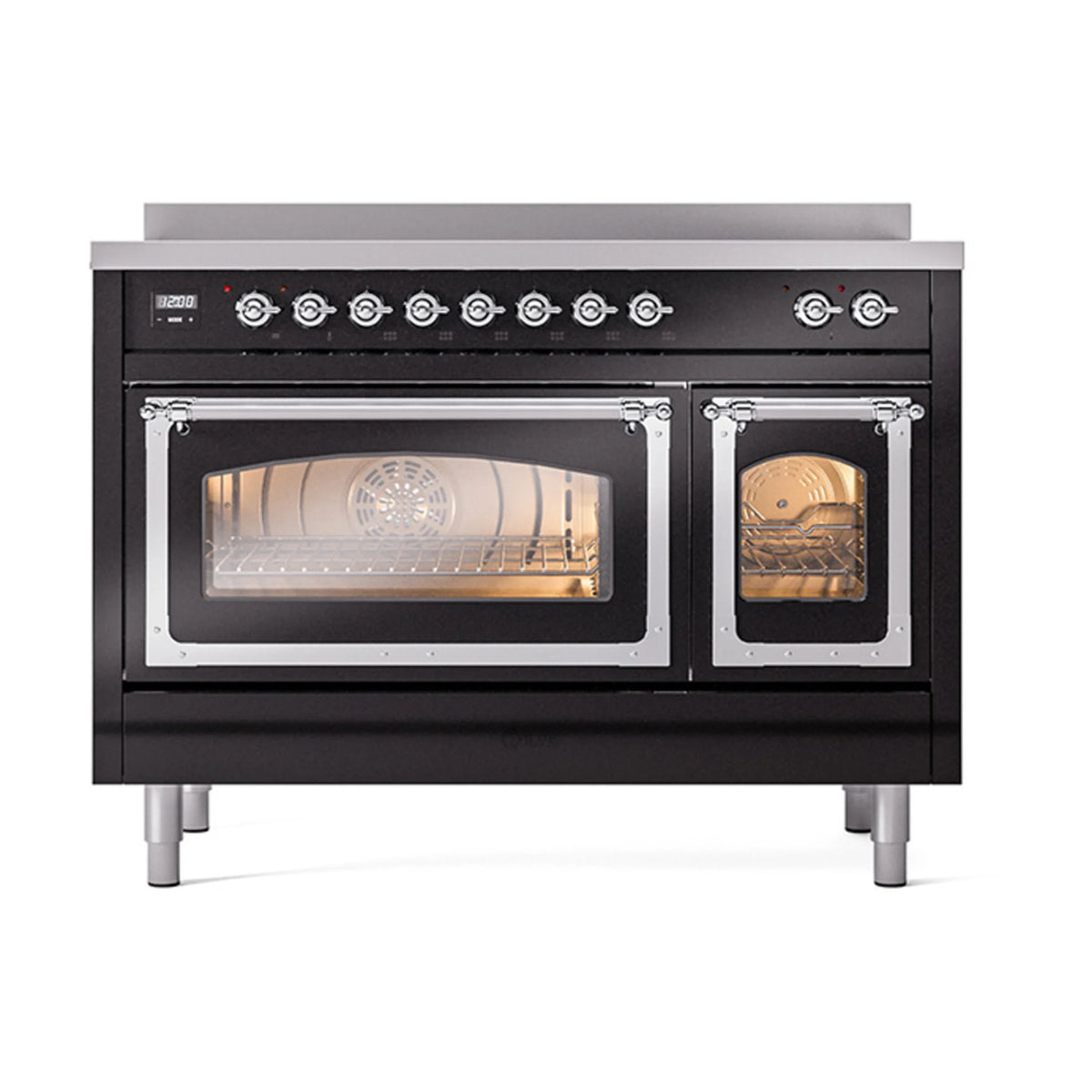ILVE Nostalgie II Noblesse 48-Inch Induction Range, Triple Glass Door, Glossy Black with Chrome Trim (UNI486NMPBKC)