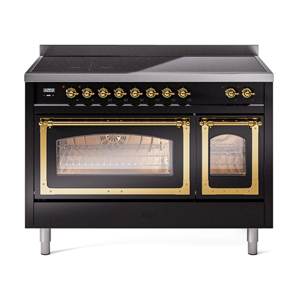 ILVE Nostalgie II Noblesse 48-Inch Induction Range, Triple Glass Door, Glossy Black with Brass Trim (UNI486NMPBKG)
