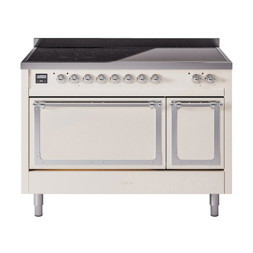 ILVE Nostalgie II Noblesse 48-Inch Induction Range, Solid Door, Antique White with Chrome Trim (UNI486QNMPAWC)