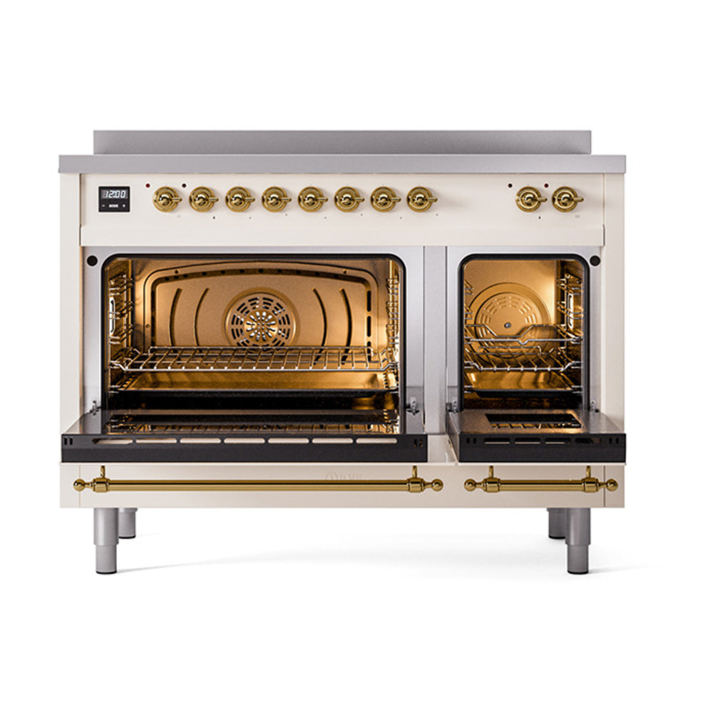ILVE Nostalgie II Noblesse 48-Inch Induction Range, Solid Door, Antique White with Brass Trim (UNI486QNMPAWG)