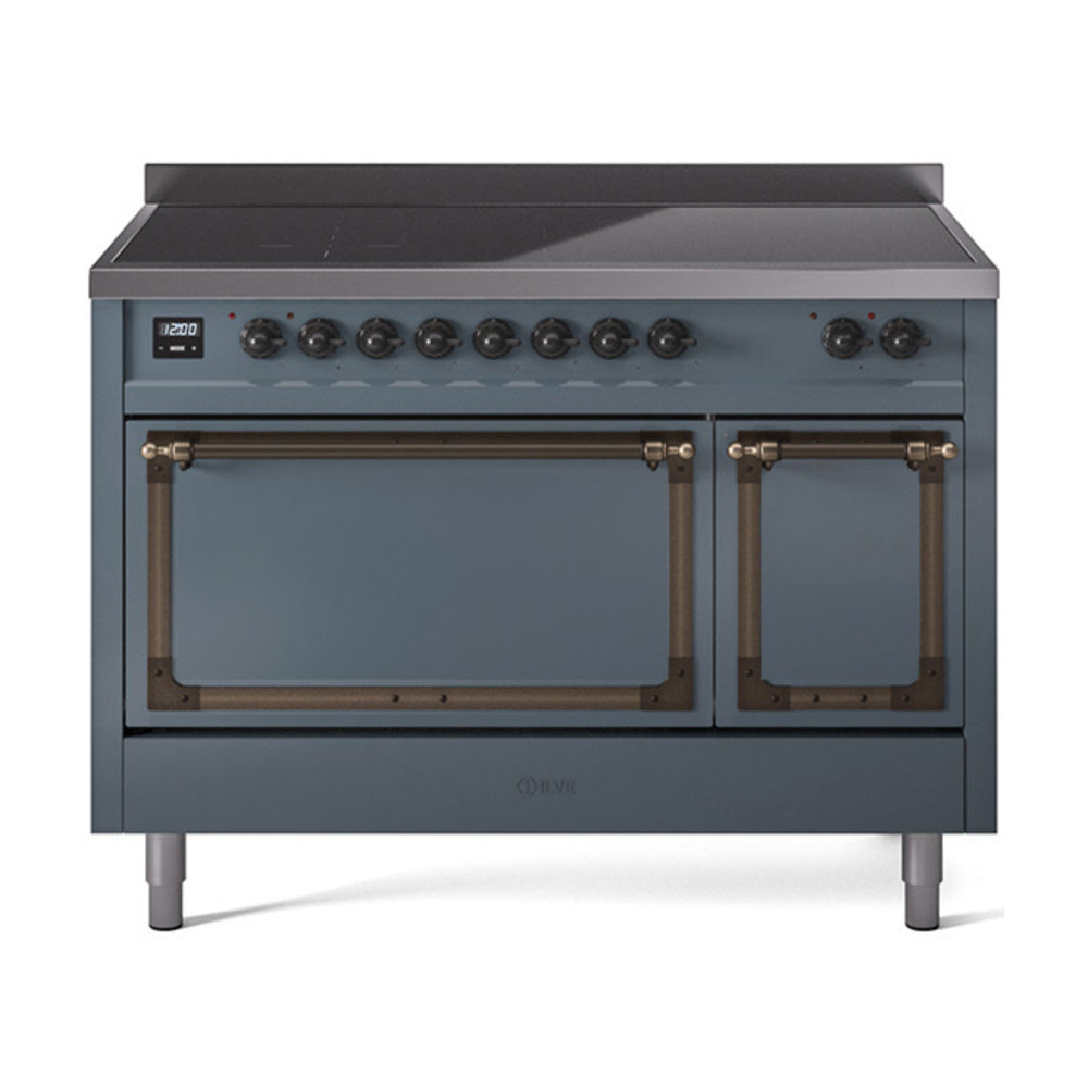 ILVE Nostalgie II Noblesse 48-Inch Induction Range, Solid Door, Blue Grey with Burnished Bronze Trim (UNI486QNMPBGB)