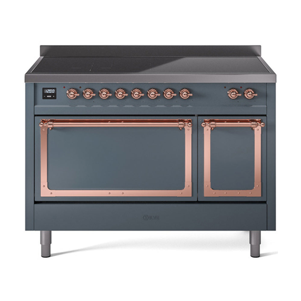 ILVE Nostalgie II Noblesse 48-Inch Induction Range, Solid Door, Blue Grey with Copper Trim (UNI486QNMPBGP)
