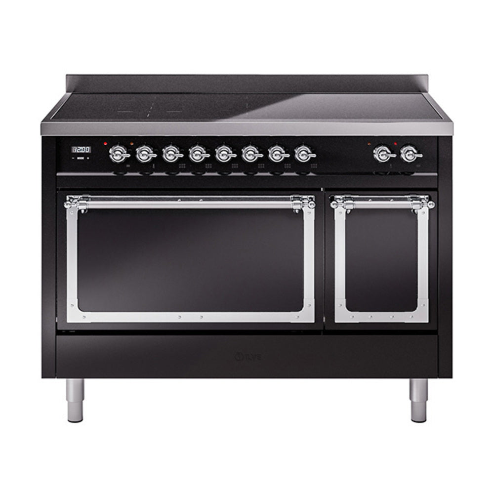 ILVE Nostalgie II Noblesse 48-Inch Induction Range, Solid Door, Glossy Black with Chrome Trim (UNI486QNMPBKC)