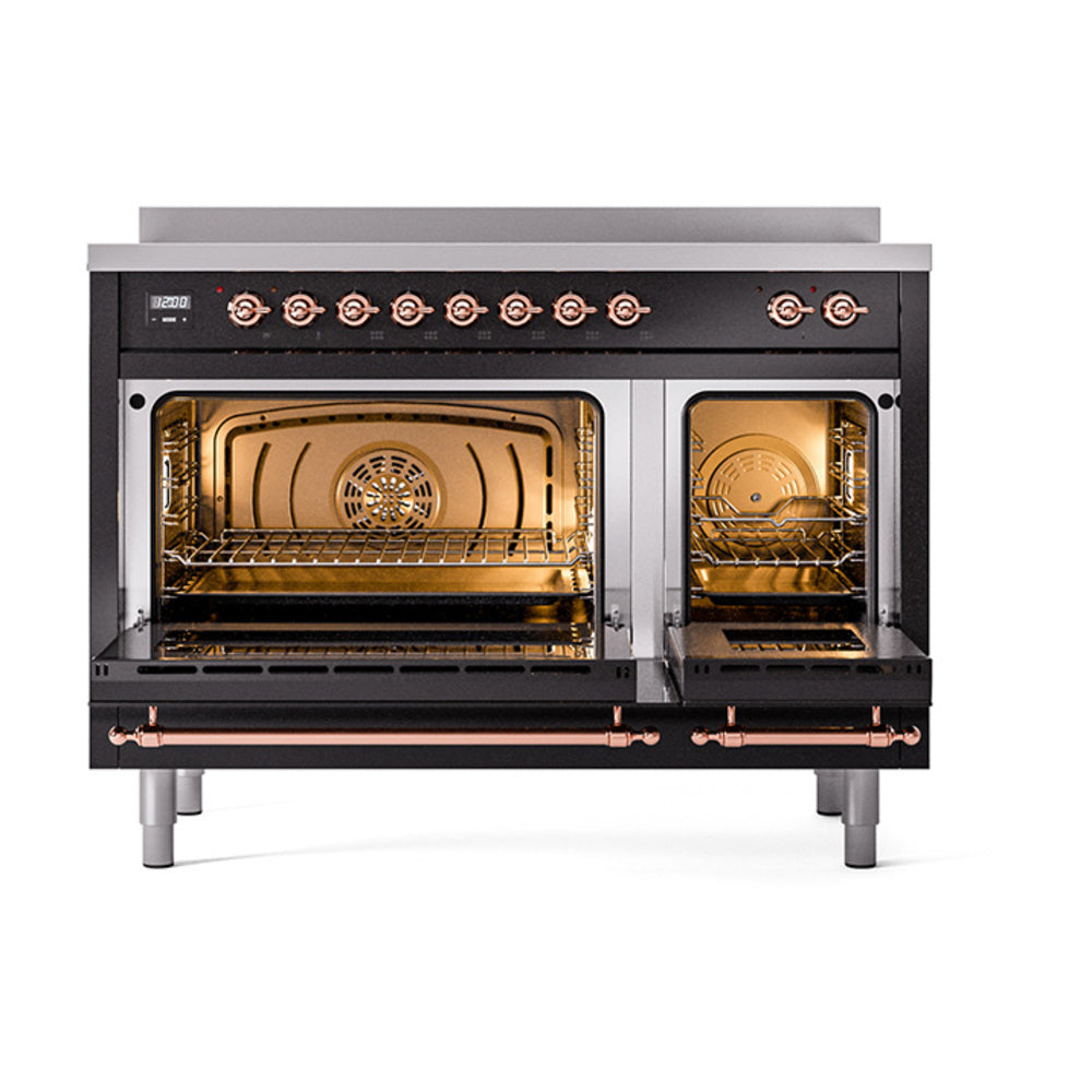 ILVE Nostalgie II Noblesse 48-Inch Induction Range, Solid Door, Glossy Black with Copper Trim (UNI486QNMPBKP)