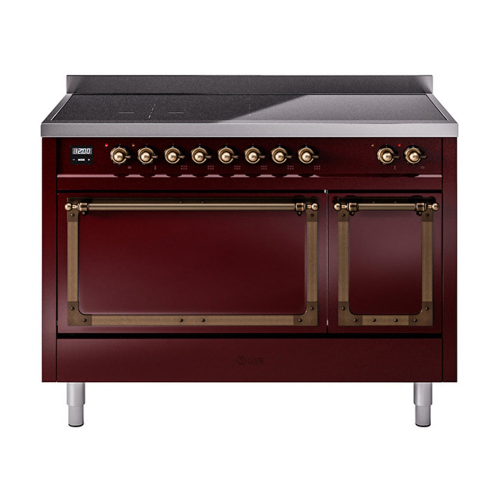 ILVE Nostalgie II Noblesse 48-Inch Induction Range, Solid Door, Burgundy with Burnished Bronze Trim (UNI486QNMPBUB)