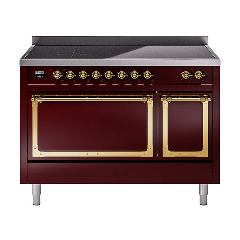 ILVE Nostalgie II Noblesse 48-Inch Induction Range, Solid Door, Burgundy with Brass Trim (UNI486QNMPBUG)