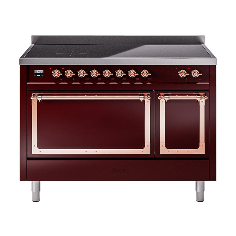 ILVE Nostalgie II Noblesse 48-Inch Induction Range, Solid Door, Burgundy with Copper Trim (UNI486QNMPBUP)