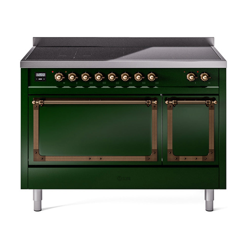 ILVE Nostalgie II Noblesse 48-Inch Induction Range, Solid Door, Emerald Green with Burnished Bronze Trim (UNI486QNMPEGB)