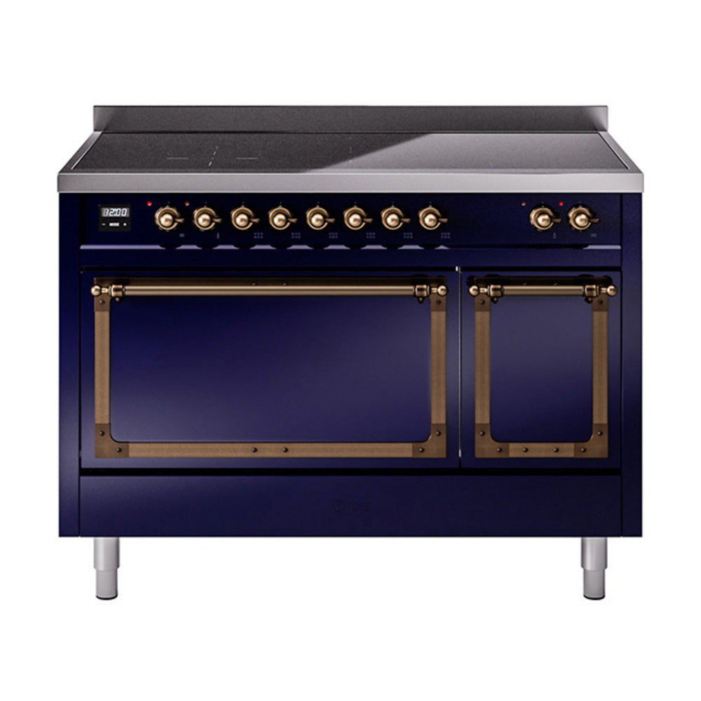 ILVE Nostalgie II Noblesse 48-Inch Induction Range, Solid Door, Midnight Blue with Burnished Bronze Trim (UNI486QNMPMBB)