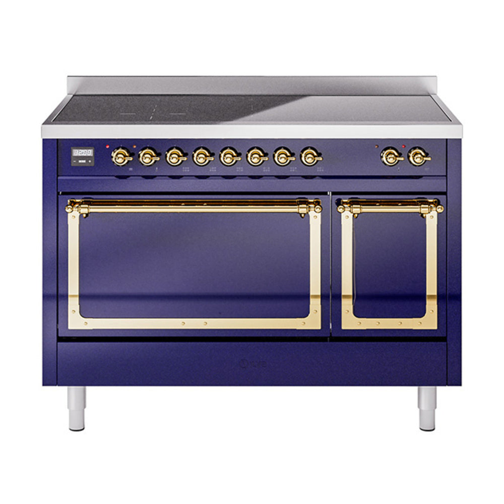 ILVE Nostalgie II Noblesse 48-Inch Induction Range, Solid Door, Midnight Blue with Brass Trim (UNI486QNMPMBG)