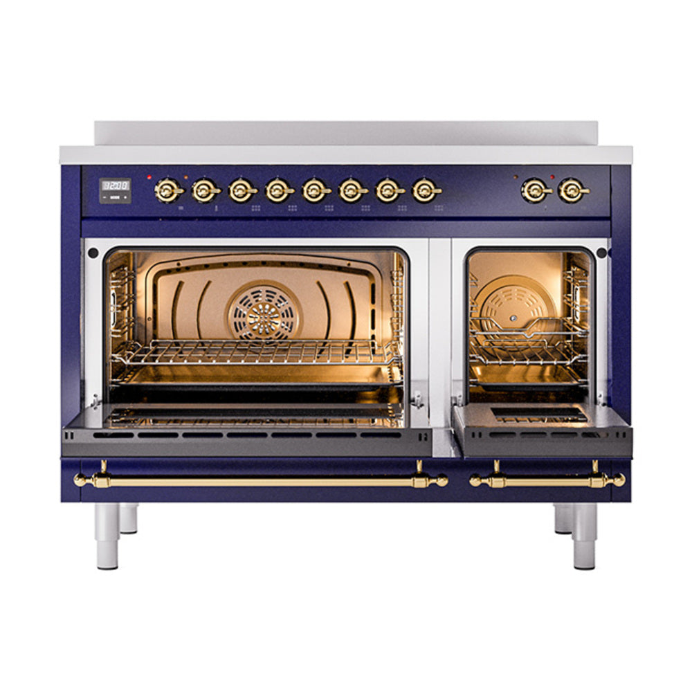 ILVE Nostalgie II Noblesse 48-Inch Induction Range, Solid Door, Midnight Blue with Brass Trim (UNI486QNMPMBG)