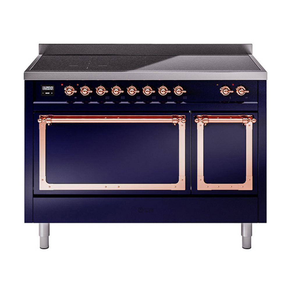 ILVE Nostalgie II Noblesse 48-Inch Induction Range, Solid Door, Midnight Blue with Copper Trim (UNI486QNMPMBP)
