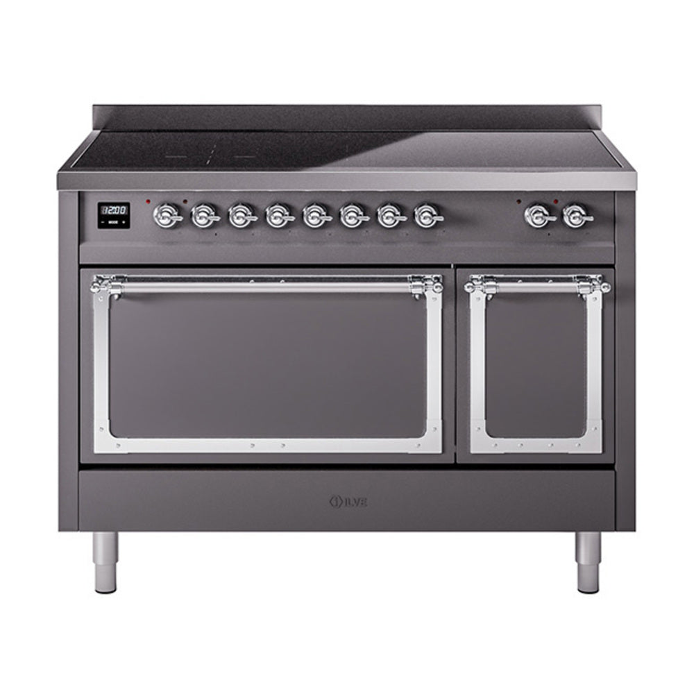 ILVE Nostalgie II Noblesse 48-Inch Induction Range, Solid Door, Matte Graphite with Chrome Trim (UNI486QNMPMGC)