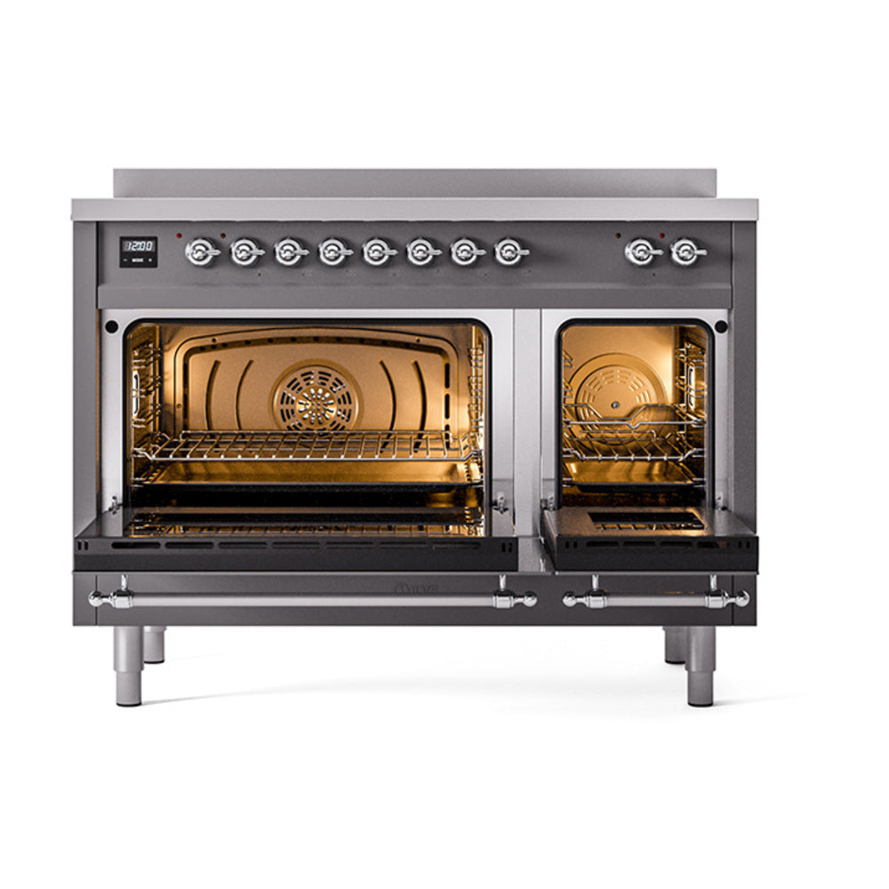 ILVE Nostalgie II Noblesse 48-Inch Induction Range, Solid Door, Matte Graphite with Chrome Trim (UNI486QNMPMGC)