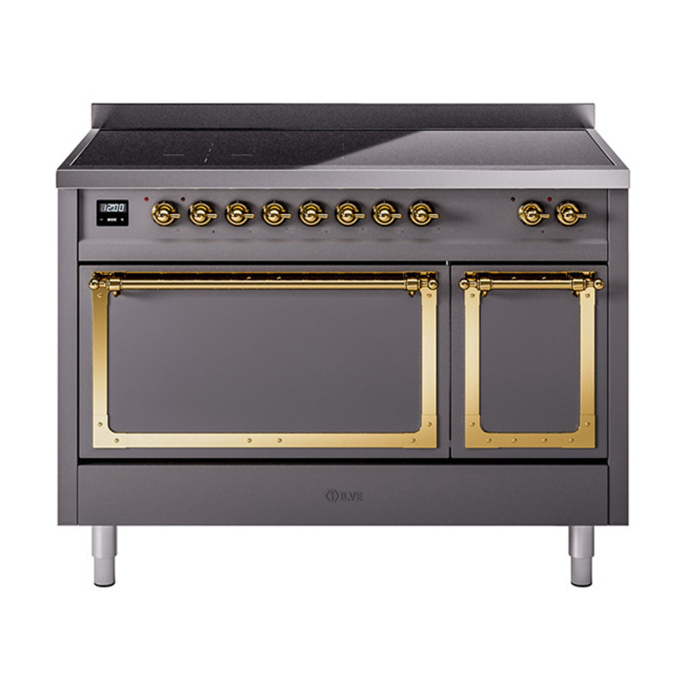 ILVE Nostalgie II Noblesse 48-Inch Induction Range, Solid Door, Matte Graphite with Brass Trim (UNI486QNMPMGG)