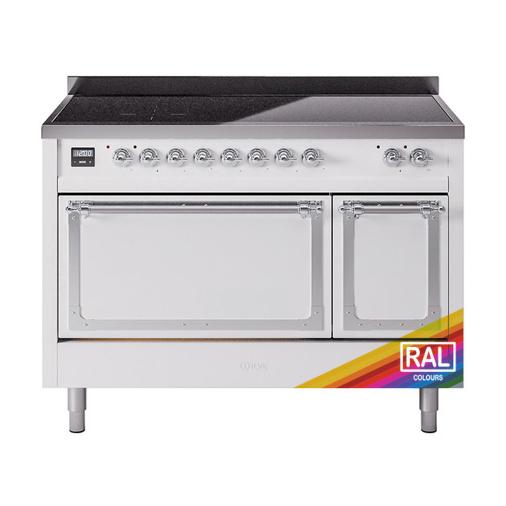 ILVE Nostalgie II Noblesse 48-Inch Induction Range, Solid Door, Custom RAL with Chrome Trim (UNI486QNMPRAC)