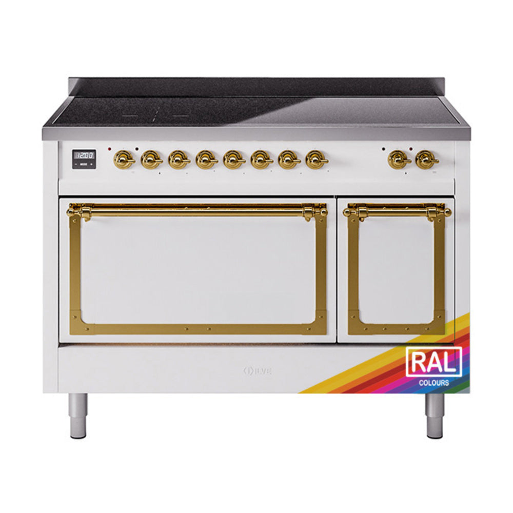 ILVE Nostalgie II Noblesse 48-Inch Induction Range, Solid Door, RAL with Brass Trim (UNI486QNMPRAG)