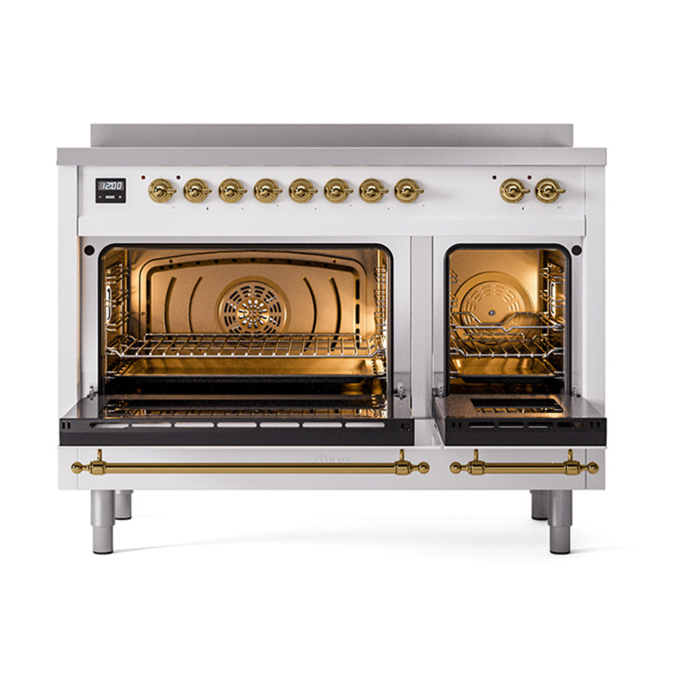 ILVE Nostalgie II Noblesse 48-Inch Induction Range, Solid Door, RAL with Brass Trim (UNI486QNMPRAG)