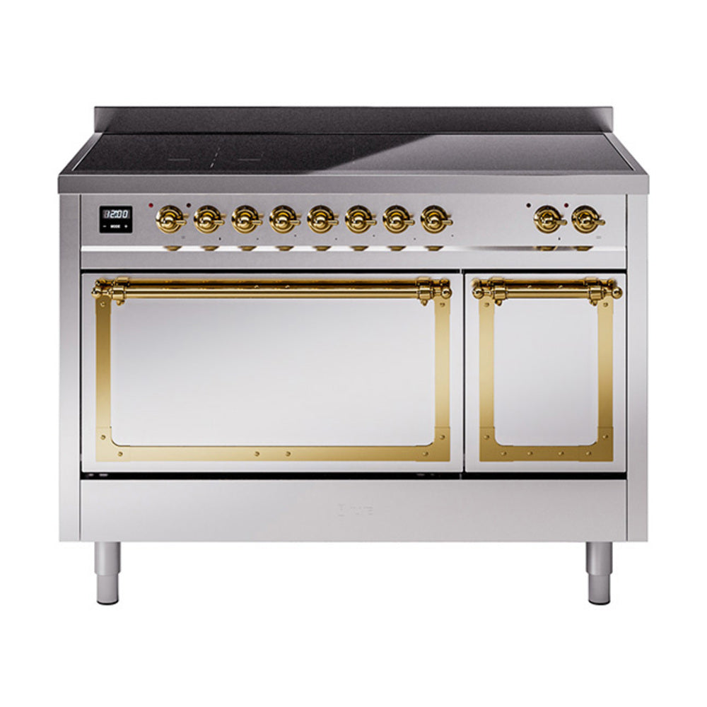 ILVE Nostalgie II Noblesse 48-Inch Induction Range, Solid Door, Stainless Steel with Brass Trim (UNI486QNMPSSG)