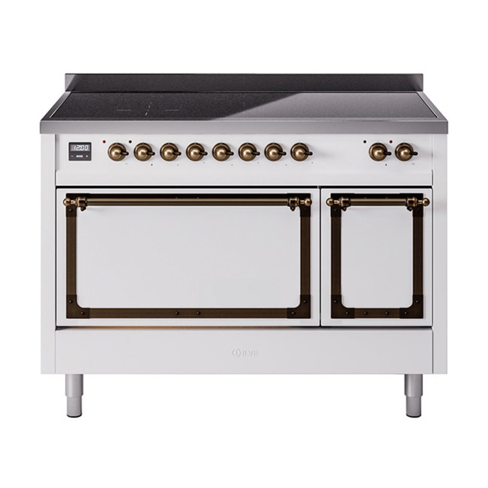 ILVE Nostalgie II Noblesse 48-Inch Induction Range, Solid Door, White with Burnished Bronze Trim (UNI486QNMPWHB)