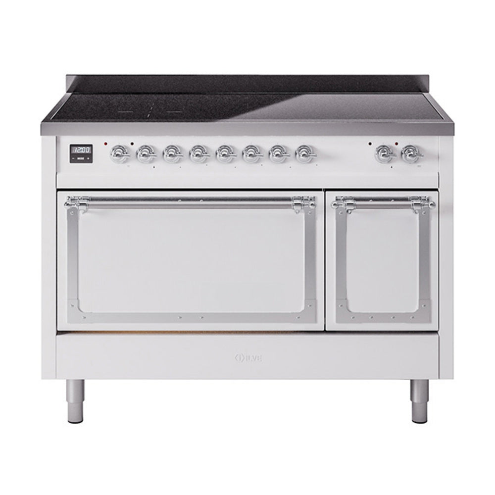 ILVE Nostalgie II Noblesse 48-Inch Induction Range, Solid Door, White with Chrome Trim (UNI486QNMPWHC)