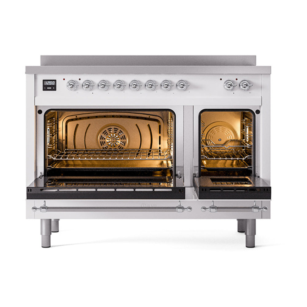 ILVE Nostalgie II Noblesse 48-Inch Induction Range, Solid Door, White with Chrome Trim (UNI486QNMPWHC)