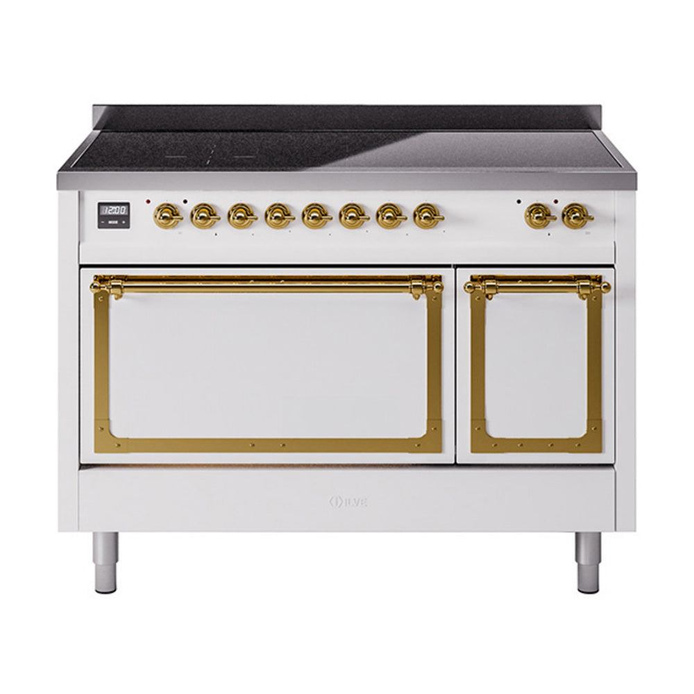 ILVE Nostalgie II Noblesse 48-Inch Induction Range, Solid Door, White with Brass Trim (UNI486QNMPWHG)