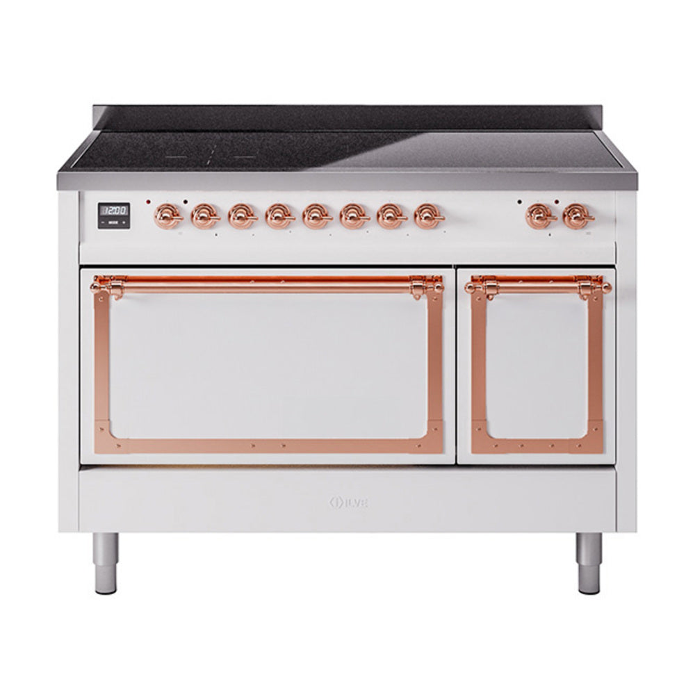 ILVE Nostalgie II Noblesse 48-Inch Induction Range, Solid Door, White with Copper Trim (UNI486QNMPWHP)