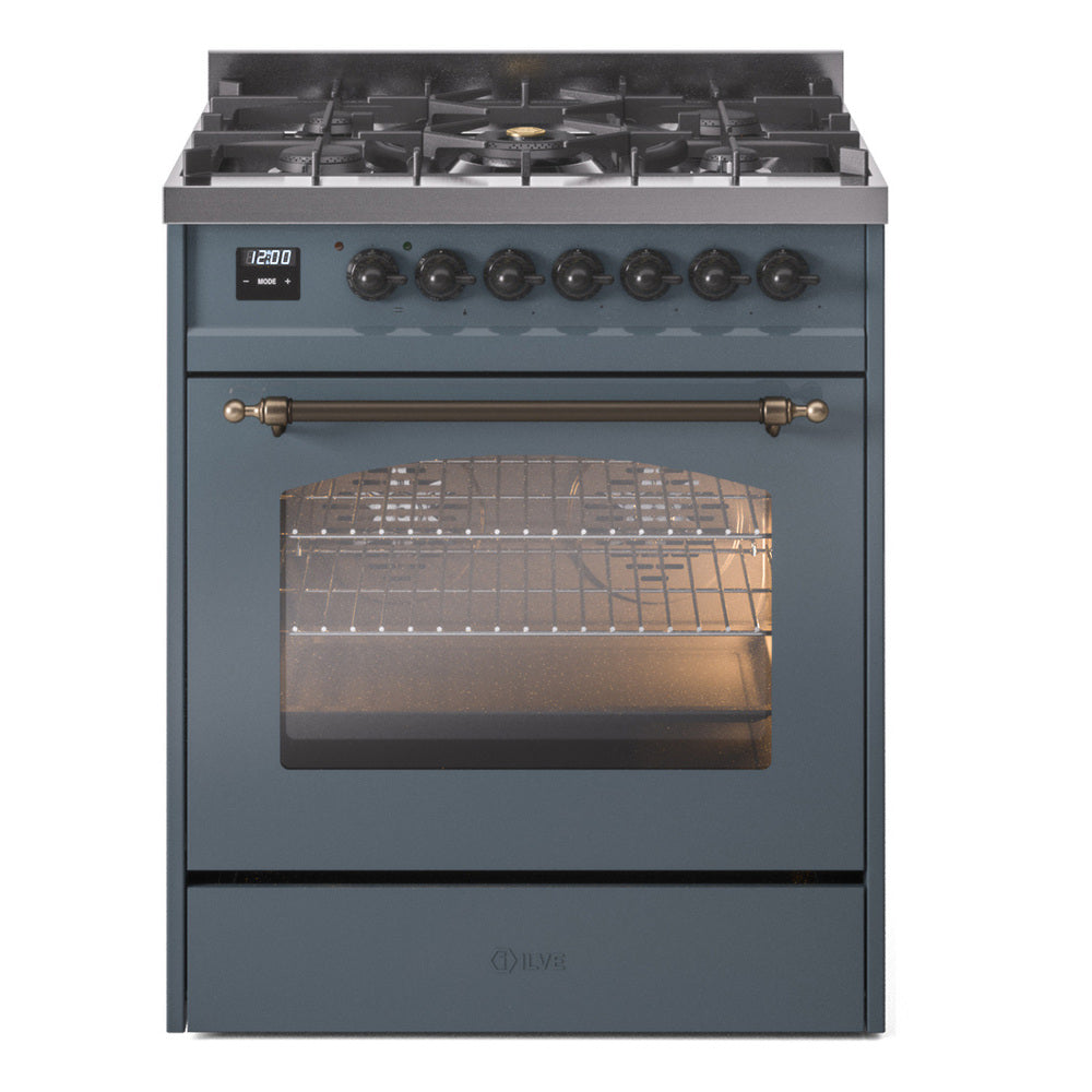 ILVE Nostalgie II 30-Inch Dual Fuel Range, Freestanding, Blue Grey with Burnished Bronze Trim (UP30NMPBGBLP)