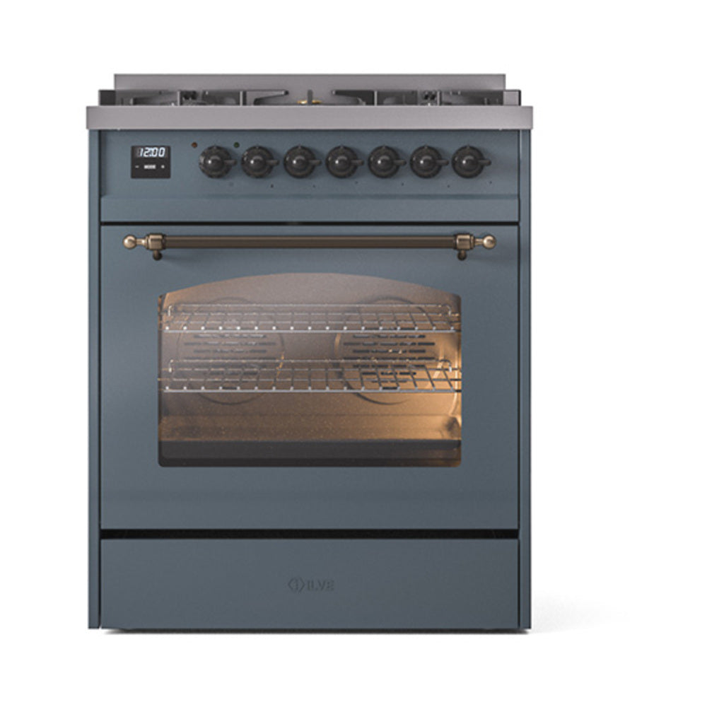 ILVE Nostalgie II 30-Inch Dual Fuel Range, Freestanding, Blue Grey with Burnished Bronze Trim (UP30NMPBGBLP)