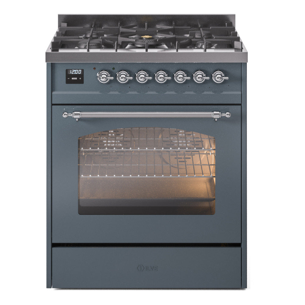 ILVE Nostalgie II 30-Inch Natural Gas Dual Fuel Range, Freestanding, Blue Grey with Chrome Trim (UP30NMPBGC)