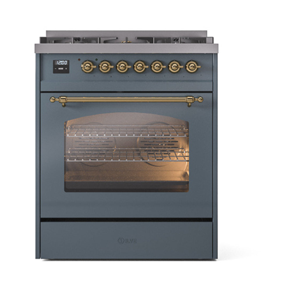 ILVE Nostalgie II 30-Inch Natural Gas Dual Fuel Range, Freestanding, Blue Grey with Brass Trim (UP30NMPBGG)