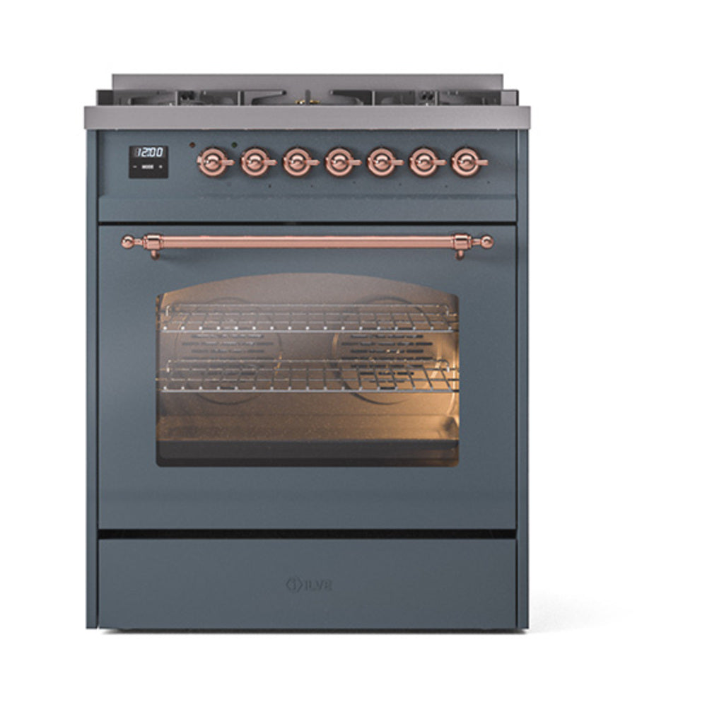 ILVE Nostalgie II 30-Inch Natural Gas Dual Fuel Range, Freestanding, Blue Grey with Copper Trim (UP30NMPBGP)