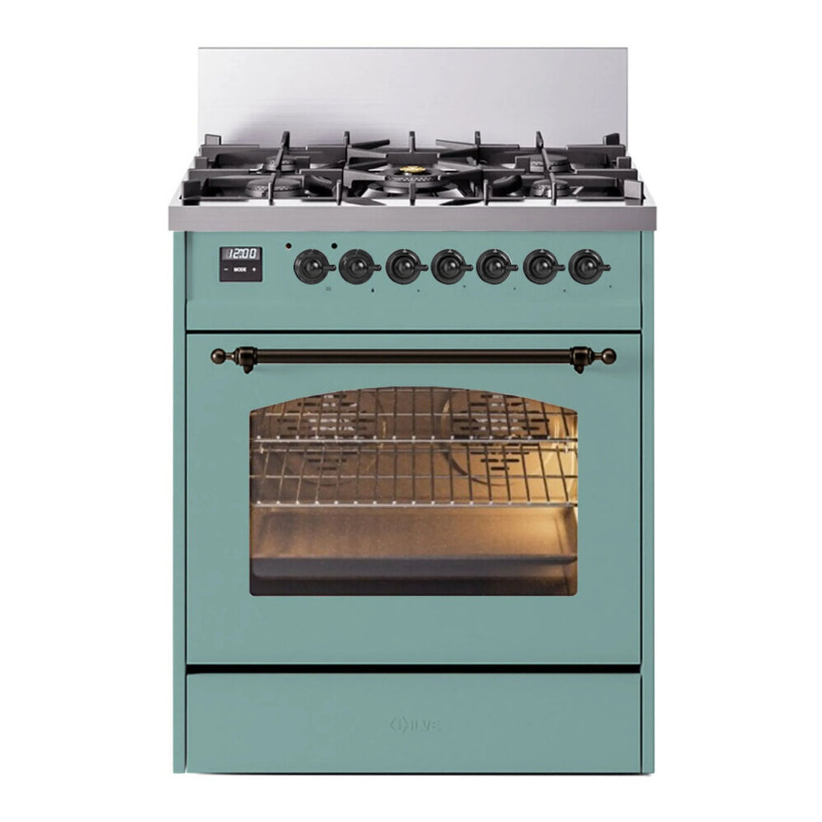 ILVE Nostalgie II 30-Inch Freestanding Propane Dual Fuel Range, Mediterranean Mint with Burnished Bronze Trim (UP30NMPMMBLP)