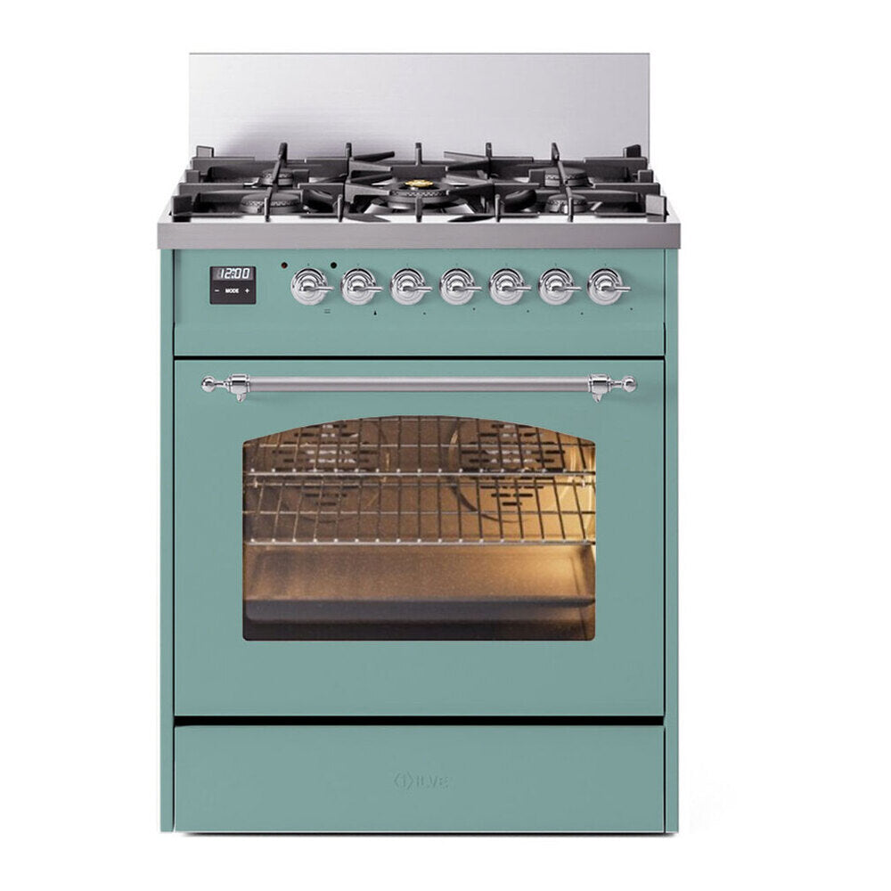 ILVE Nostalgie II 30-Inch Natural Gas Dual Fuel Range, Freestanding, Mediterranean Mint with Chrome Trim (UP30NMPMMC)