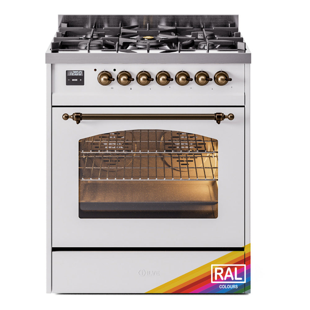 ILVE Nostalgie II 30-Inch Natural Gas Dual Fuel Range, Freestanding, Custom RAL with Burnished Bronze Trim (UP30NMPRAB)