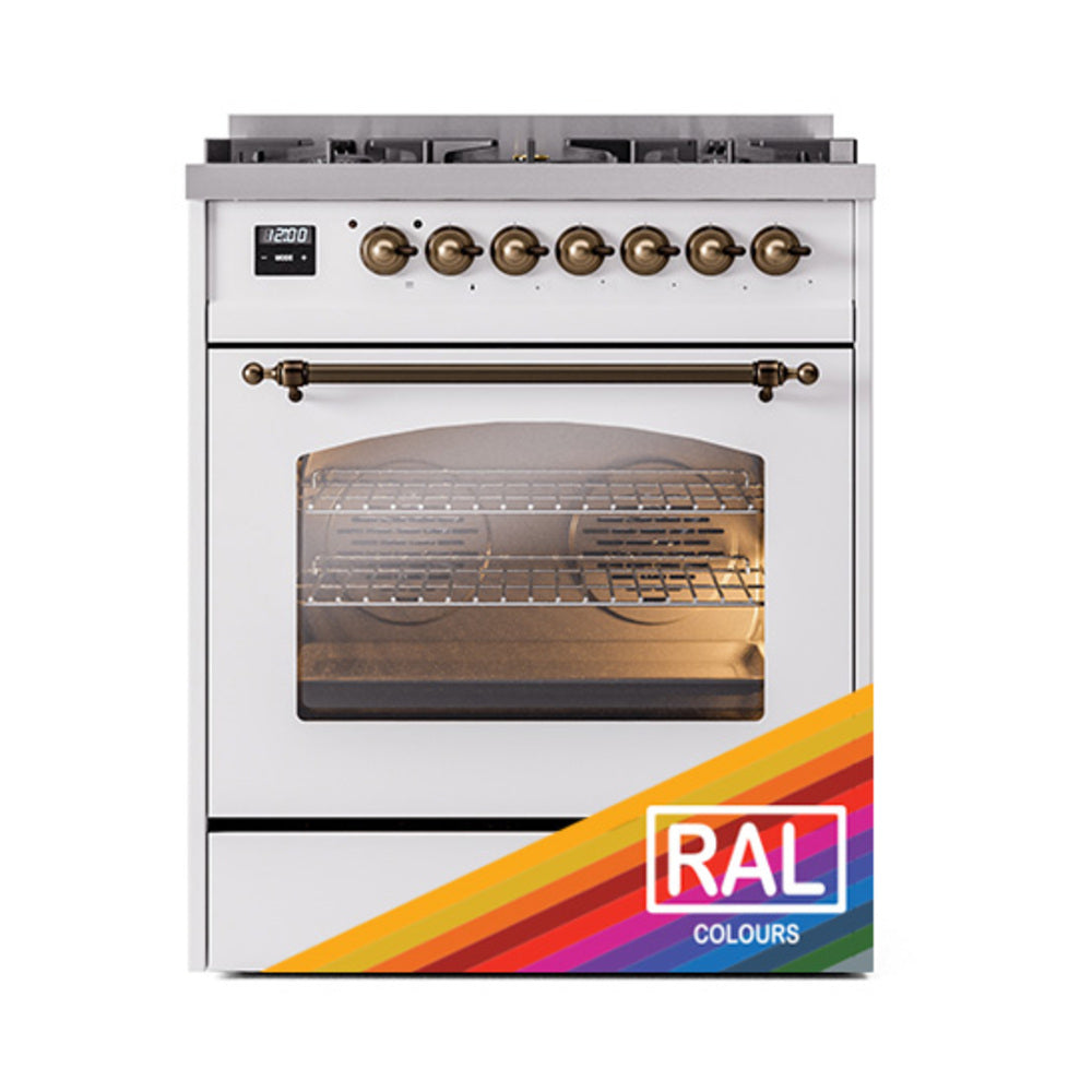 ILVE Nostalgie II 30-Inch Natural Gas Dual Fuel Range, Freestanding, Custom RAL with Burnished Bronze Trim (UP30NMPRAB)