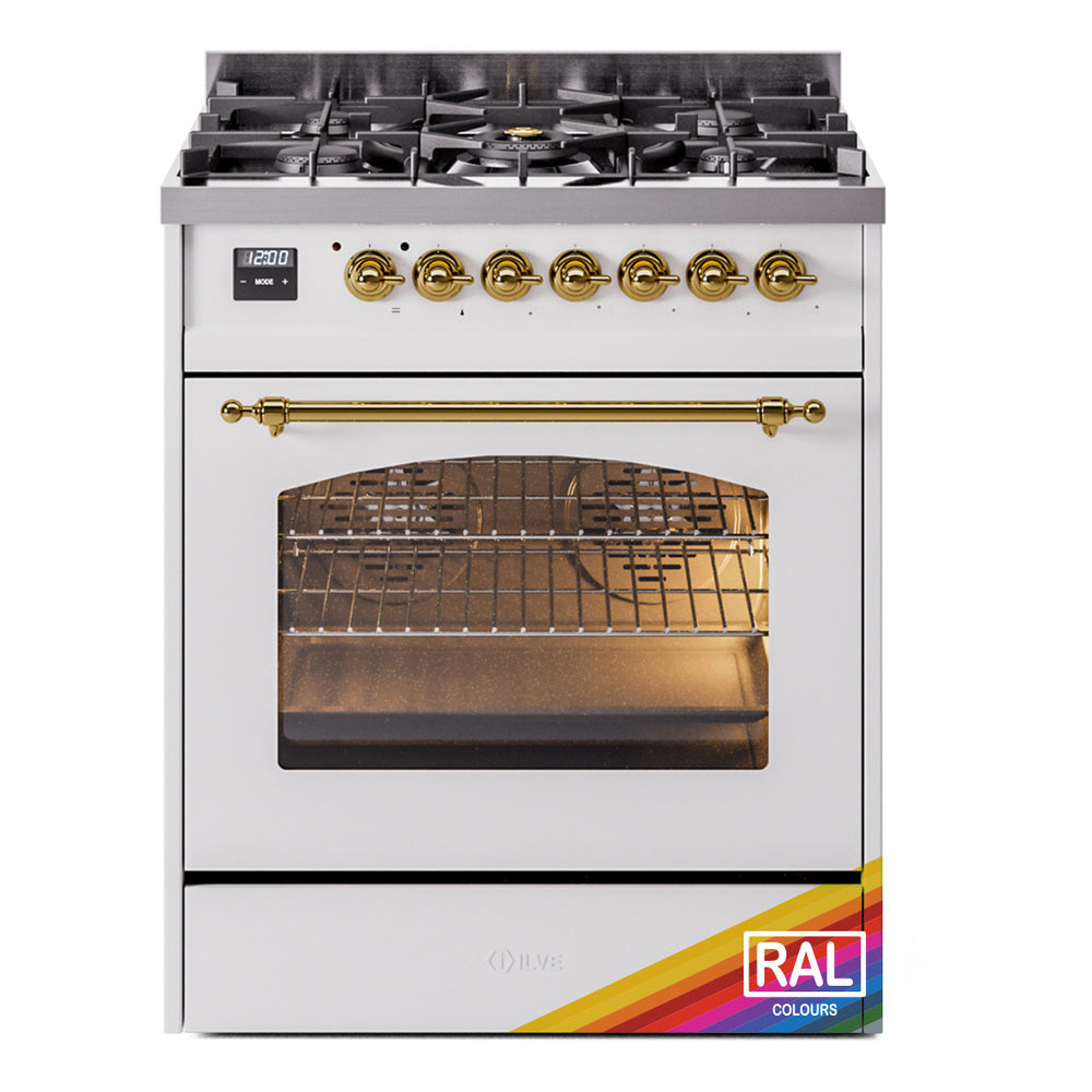 ILVE Nostalgie II 30-Inch Freestanding Natural Gas Dual Fuel Range, Custom RAL with Brass Trim (UP30NMPRAG)