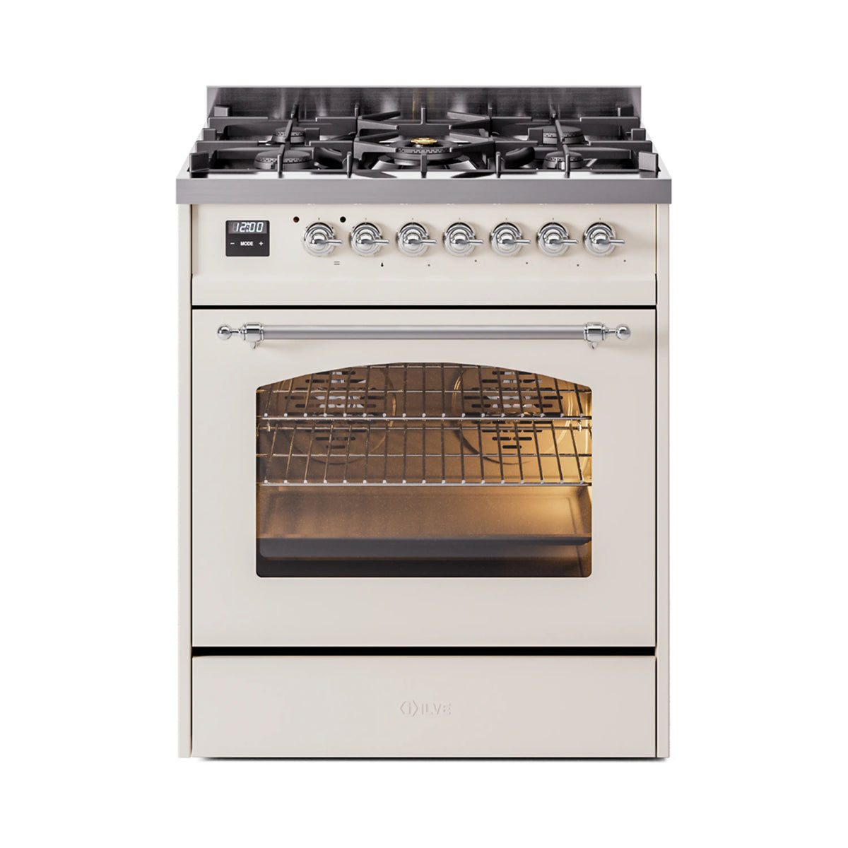 ILVE Nostalgie II 30-Inch Freestanding Propane Dual Fuel Range, Antique White with Chrome Trim (UP30NMPAWCLP)
