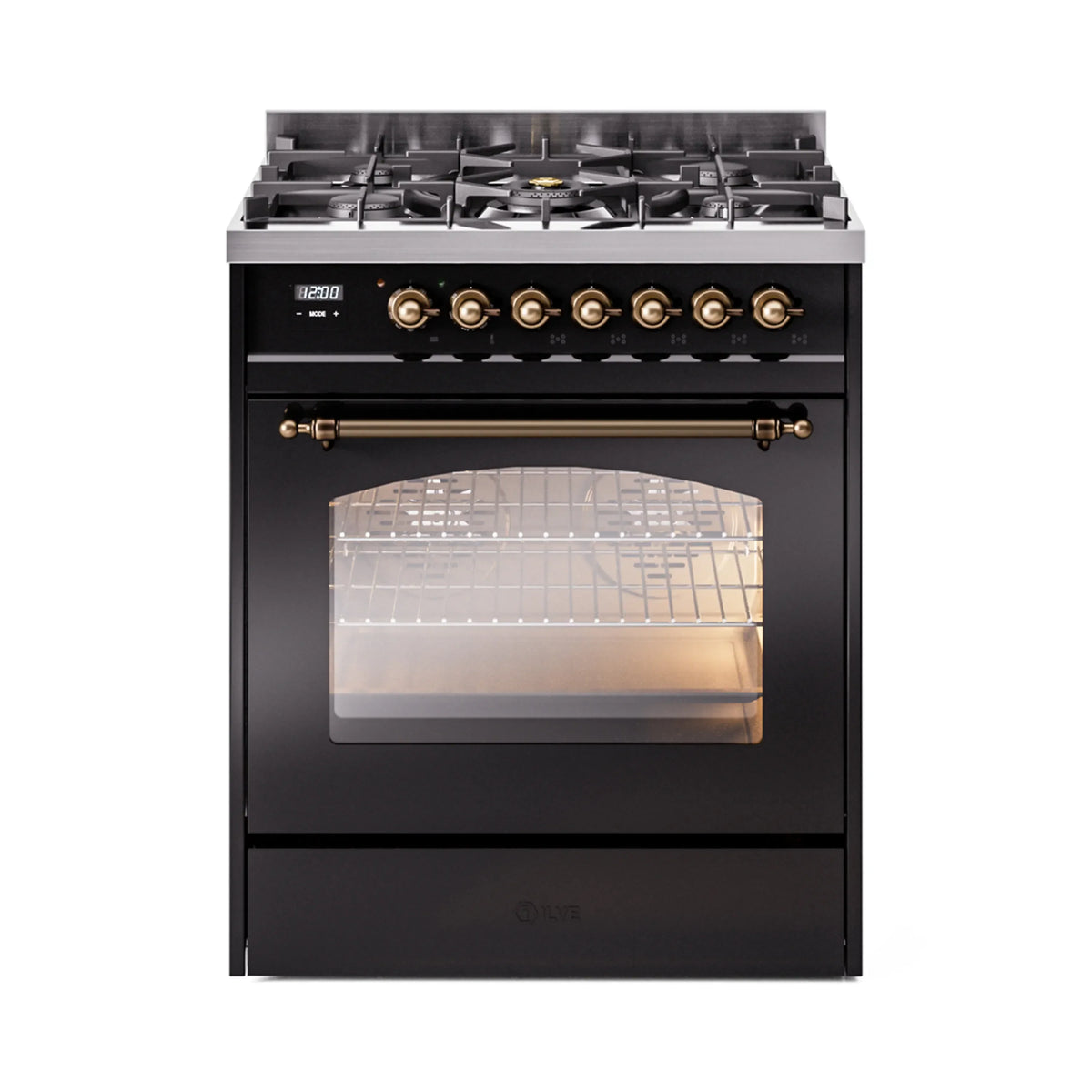 ILVE Nostalgie II 30-Inch Natural Gas Dual Fuel Range, Freestanding, Glossy Black with Burnished Bronze Trim (UP30NMPBKB)