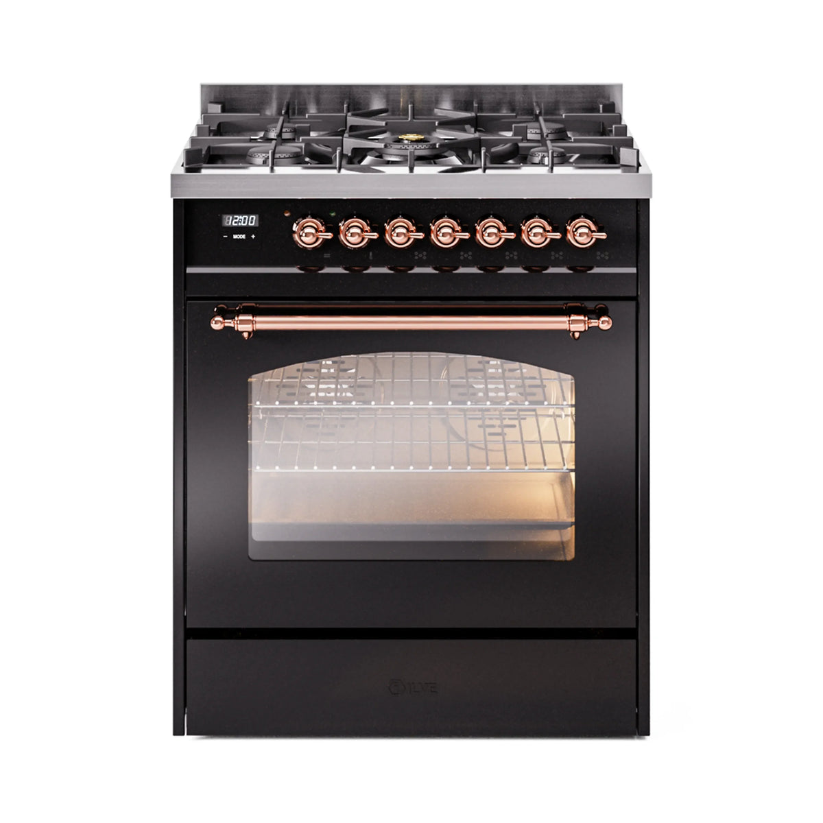 ILVE Nostalgie II 30-Inch Freestanding Propane Dual Fuel Range, Glossy Black with Copper Trim (UP30NMPBKPLP)