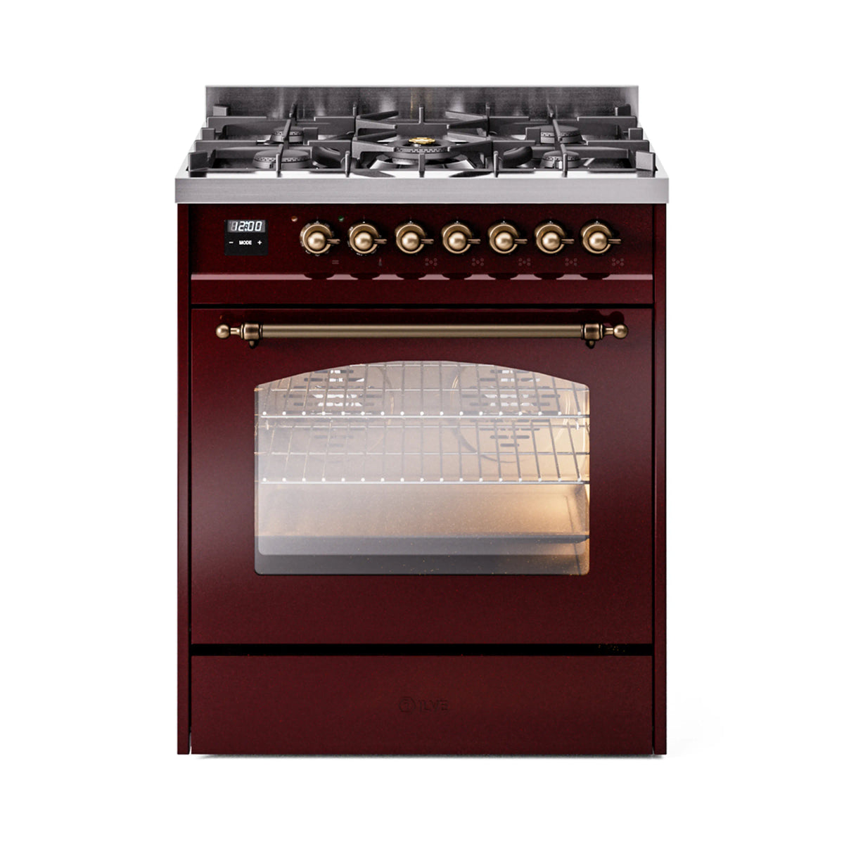 ILVE Nostalgie II 30-Inch Natural Gas Dual Fuel Range, Freestanding, Burgundy with Burnished Bronze Trim (UP30NMPBUB)