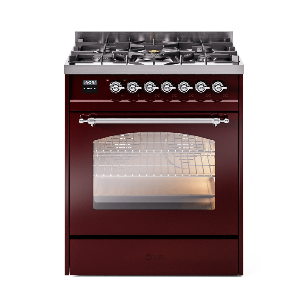 ILVE Nostalgie II 30-Inch Dual Fuel Range, Freestanding, Burgundy with Chrome Trim (UP30NMPBUCLP)