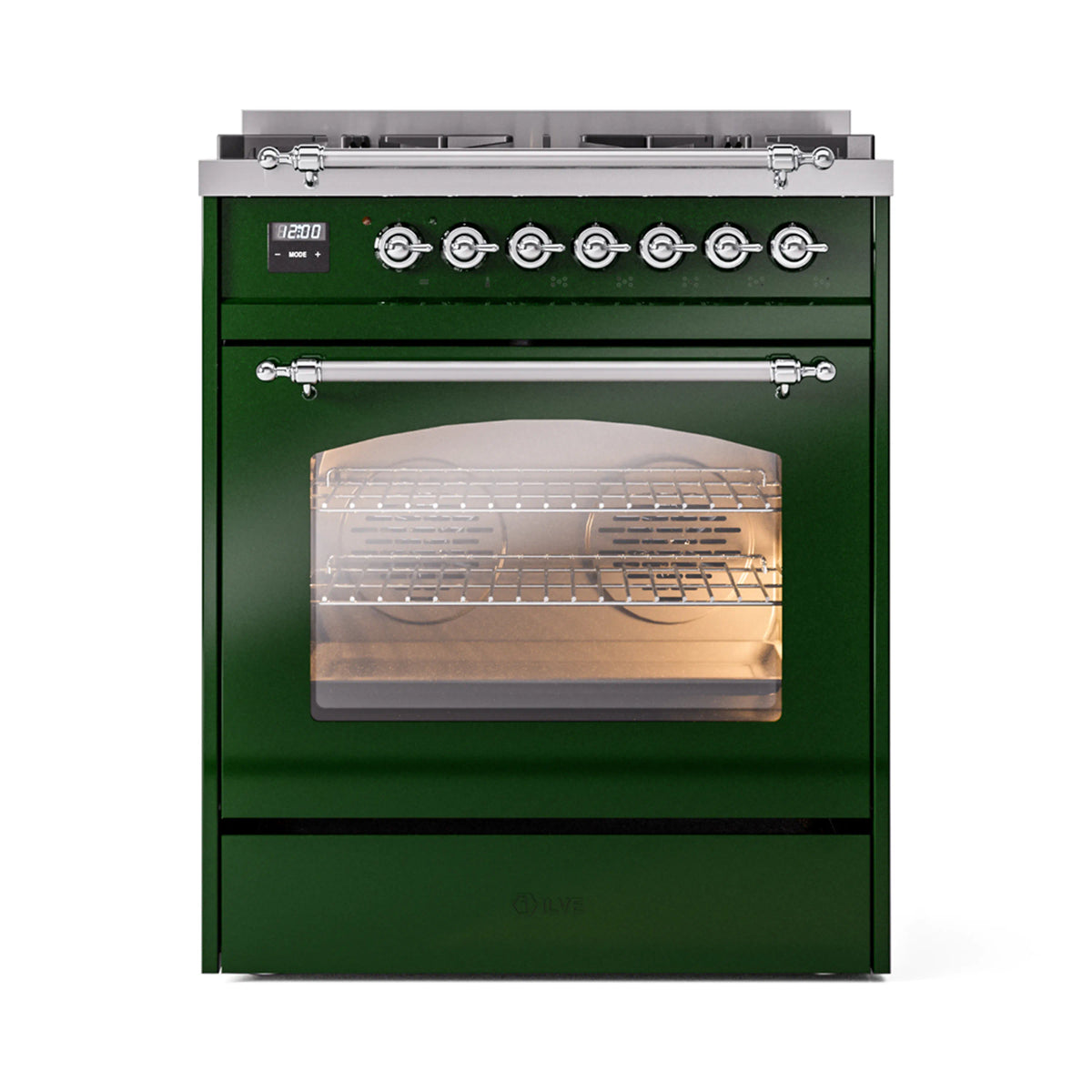 ILVE Nostalgie II 30-Inch Dual Fuel Range, Freestanding, Emerald Green with Chrome Trim (UP30NMPEGCLP)