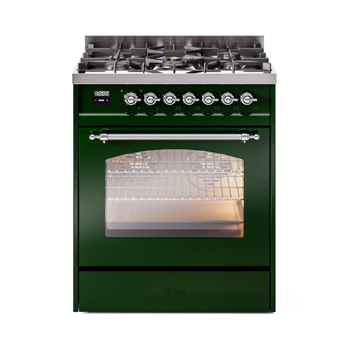 ILVE Nostalgie II 30-Inch Natural Gas Dual Fuel Range, Freestanding, Emerald Green with Chrome Trim (UP30NMPEGC)