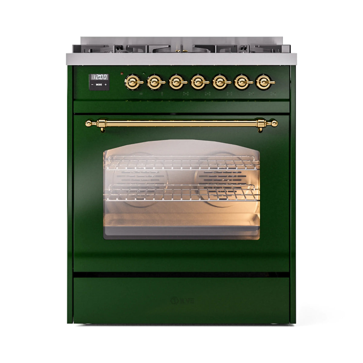 ILVE Nostalgie II 30-Inch Natural Gas Dual Fuel Range, Freestanding, Emerald Green with Brass Trim (UP30NMPEGG)